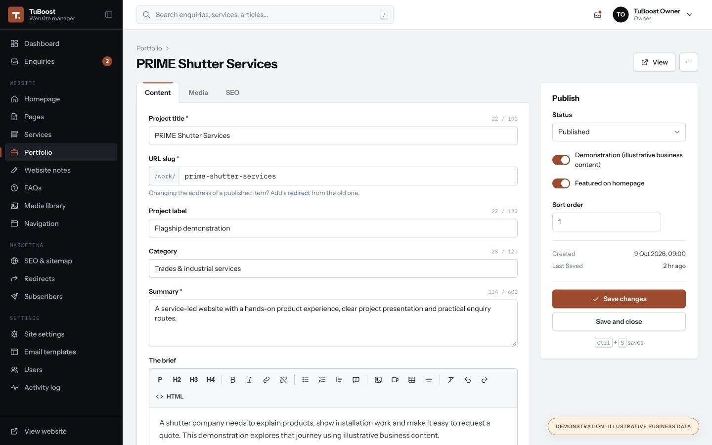 Actual TuBoost Content screen, with illustrative business data