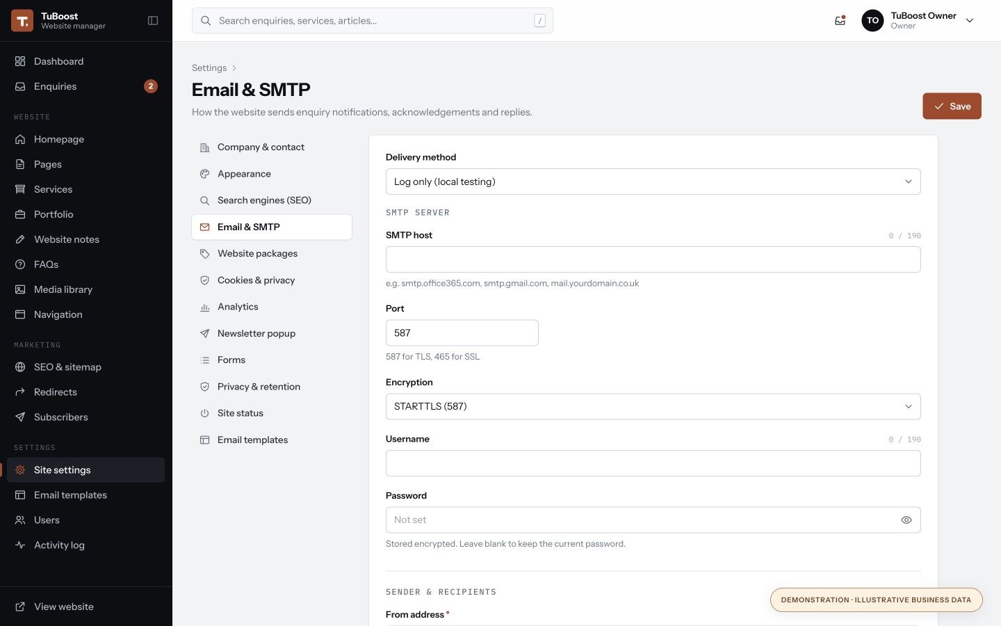 Actual TuBoost Email & SMTP screen, with illustrative business data