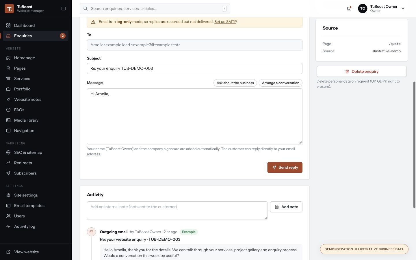 Actual TuBoost Replies screen, with illustrative business data